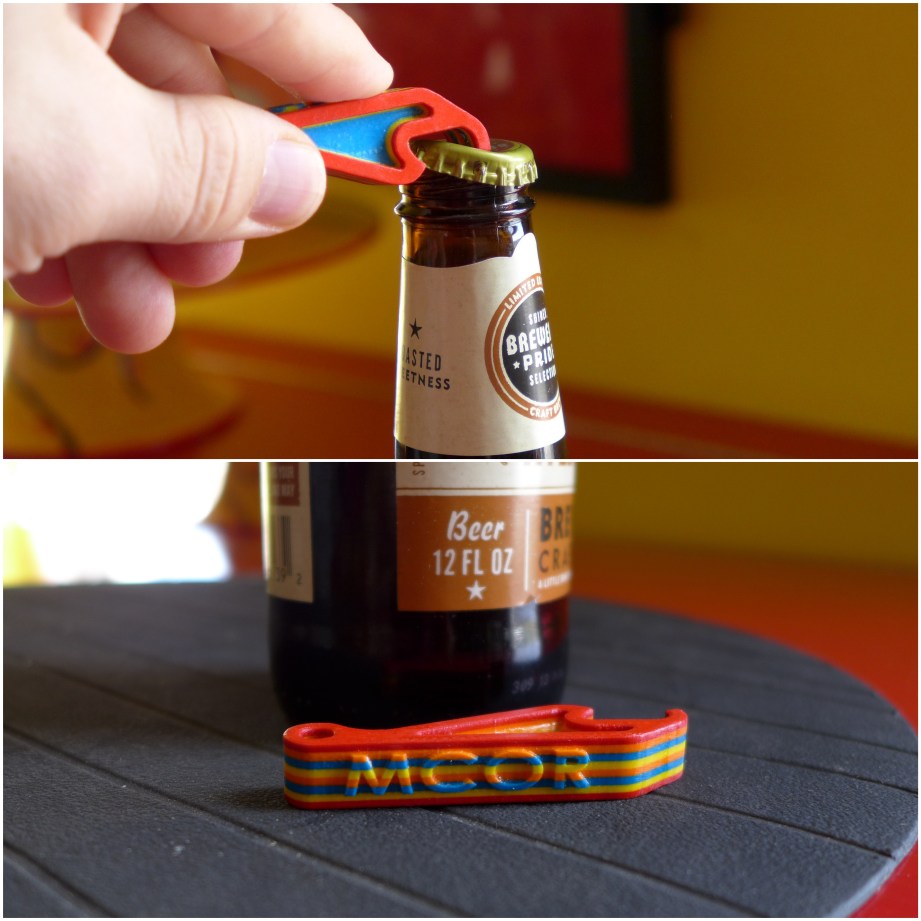 Promo bottle opener was sealed and very strong. Stripes created by alternating colored paper.
